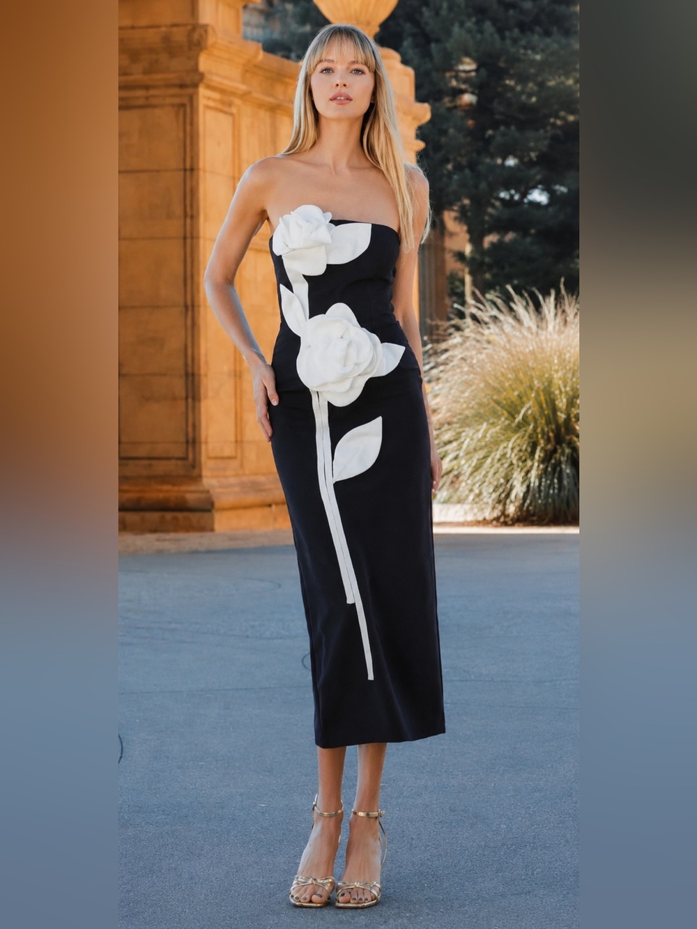 NWT Mac Duggal 3D Satin Flower 2283 Black Strapless Crepe Dress 12